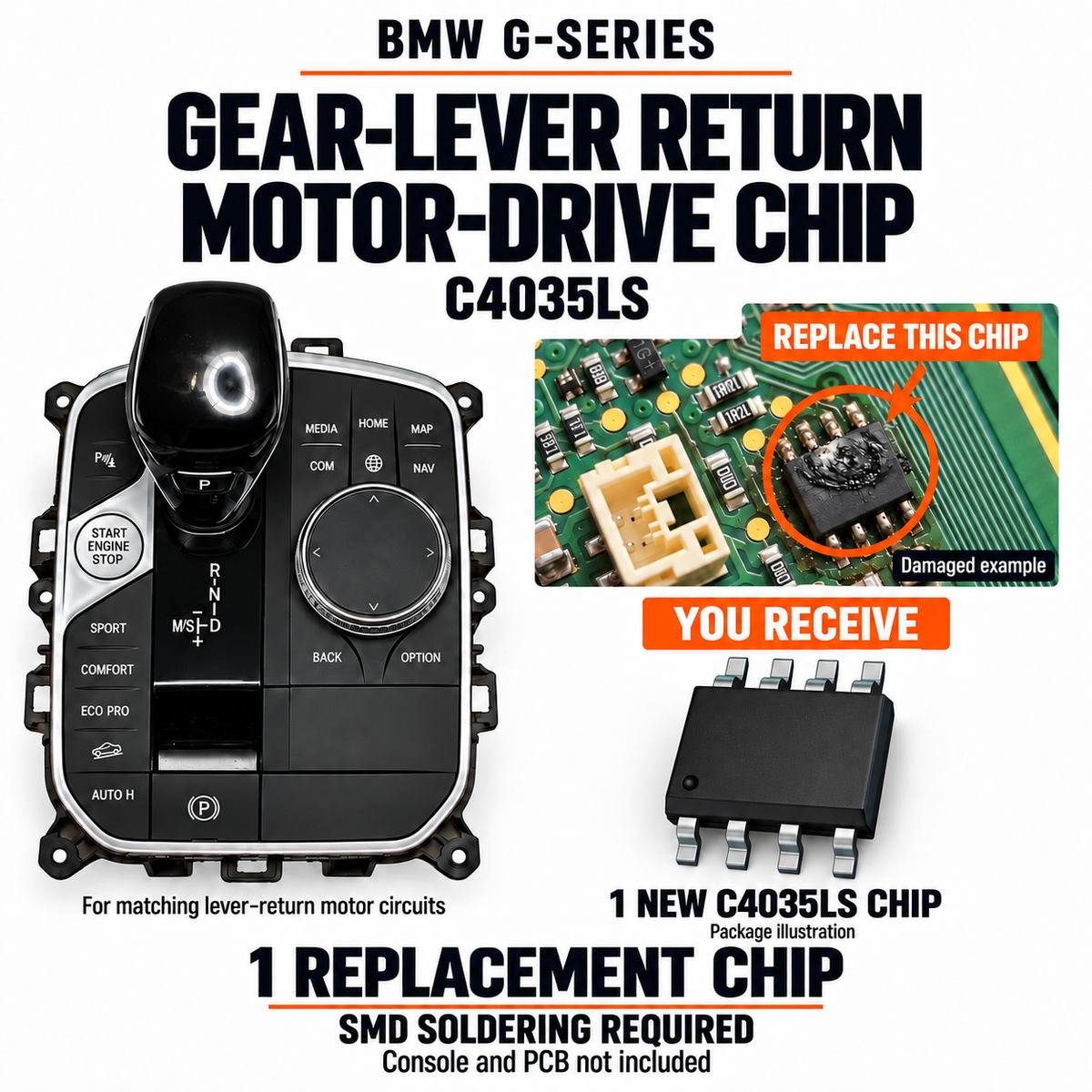 BMW G-Series return-motor chip: you receive one new eight-pin C4035LS chip, shown as a package illustration beside the console and circled damaged-chip example.