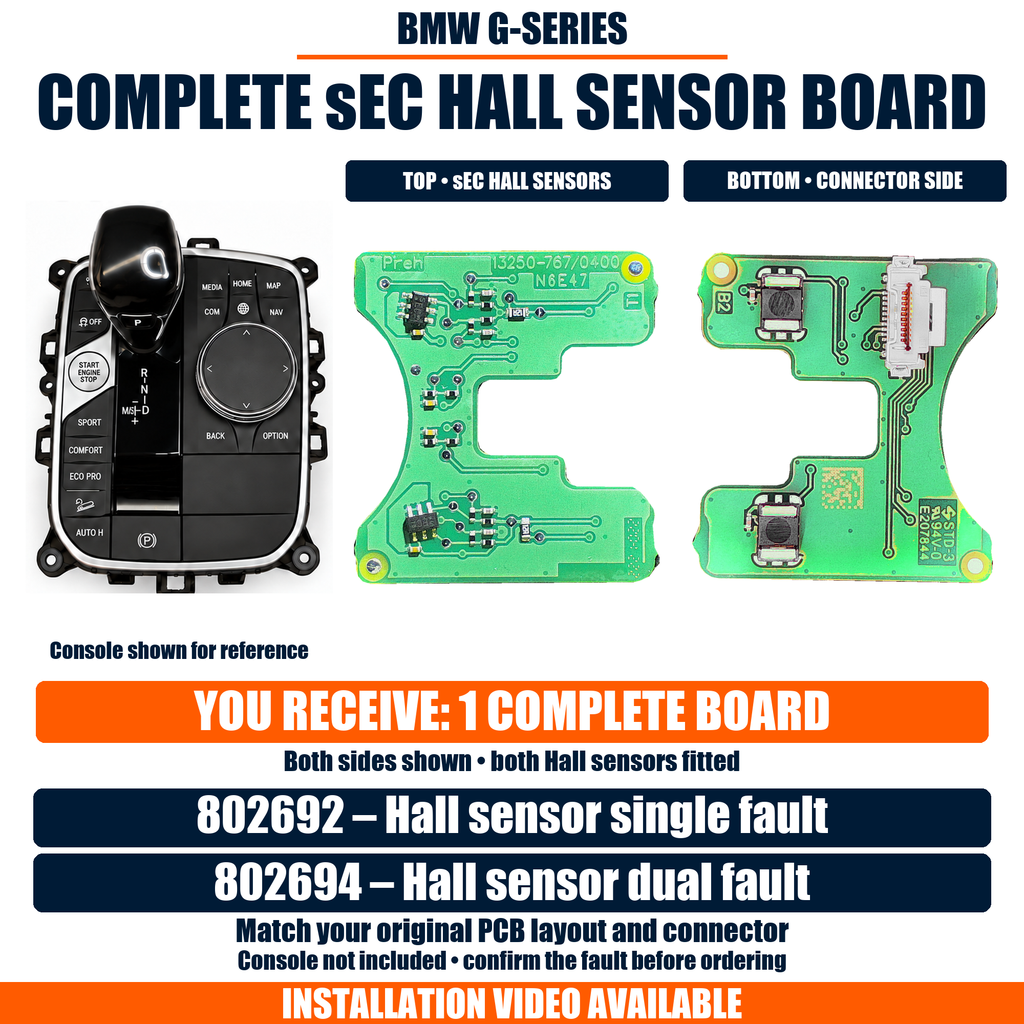 BMW G-Series complete sEC Hall sensor board, real top and bottom photographs of one PCB, both Hall sensors fitted. Console for reference only; fault codes 802692 and 802694.