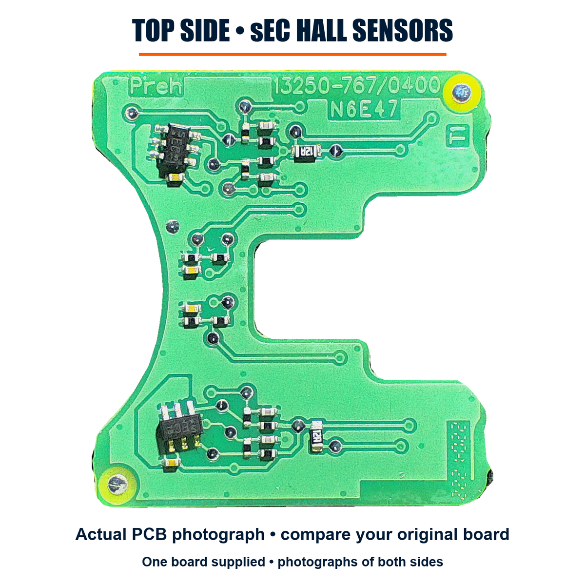 Complete Hall-sensor board reference, component side with both sensors fitted; match original PCB and connector before ordering.