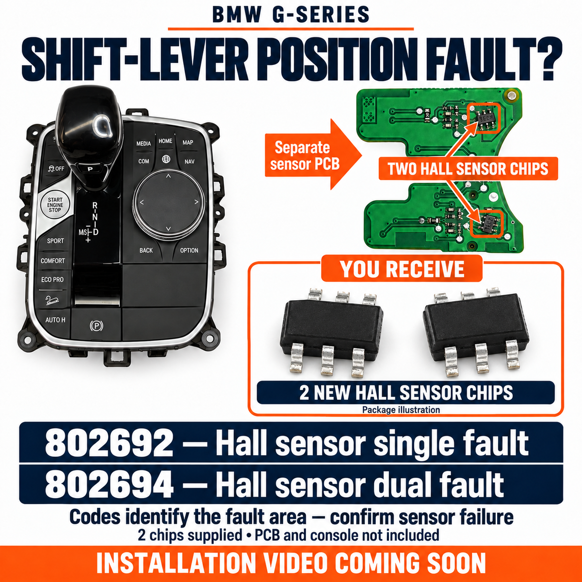 BMW G-Series Hall sensor repair kit: two new six-pin replacement chips included, with both sensor locations marked on the separate PCB and fault codes 802692 and 802694. Package illustration; console and PCB not included.