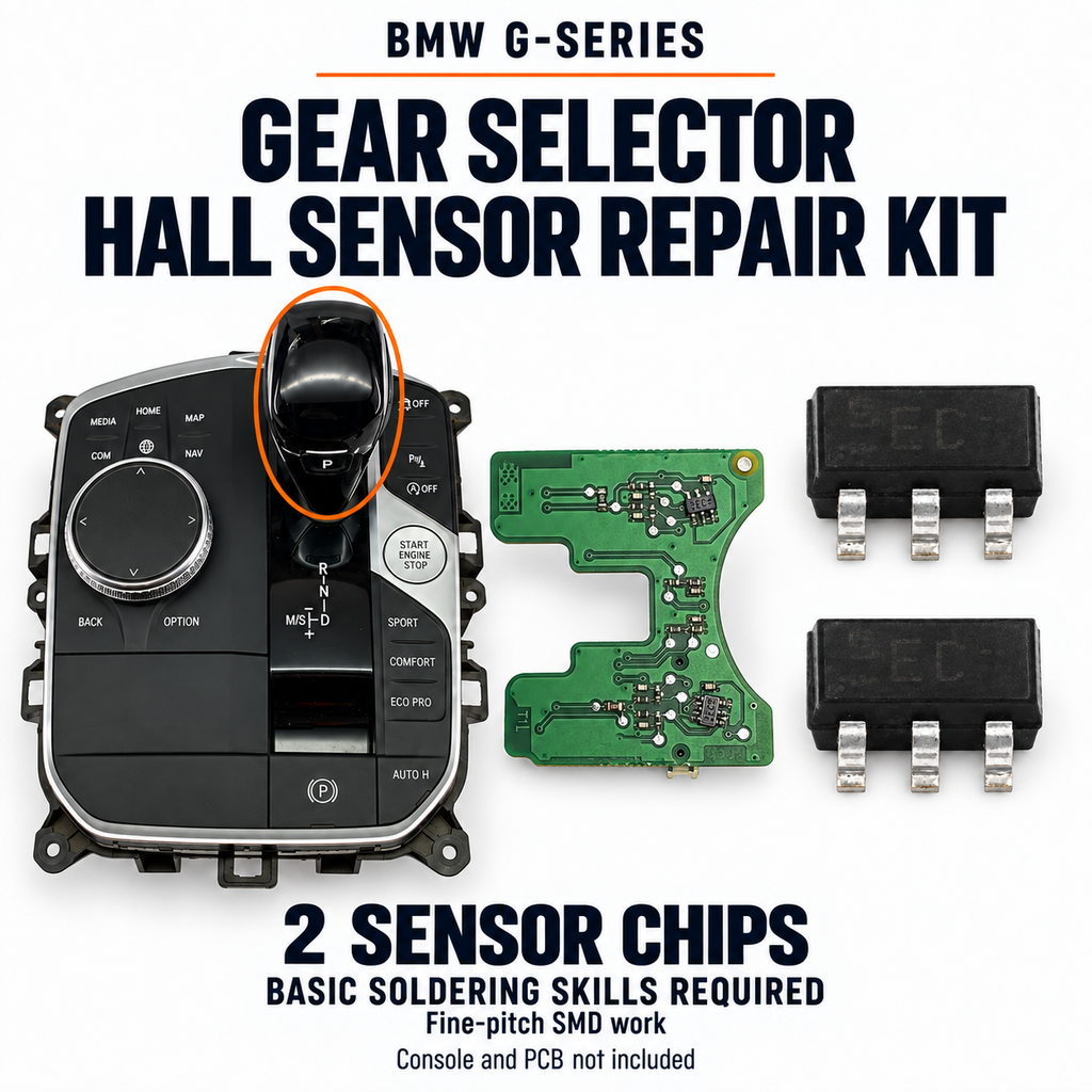 BMW G-series gear-selector Hall sensor repair kit with two chips, upright-lever console and separate sensor PCB shown for reference; soldering required.