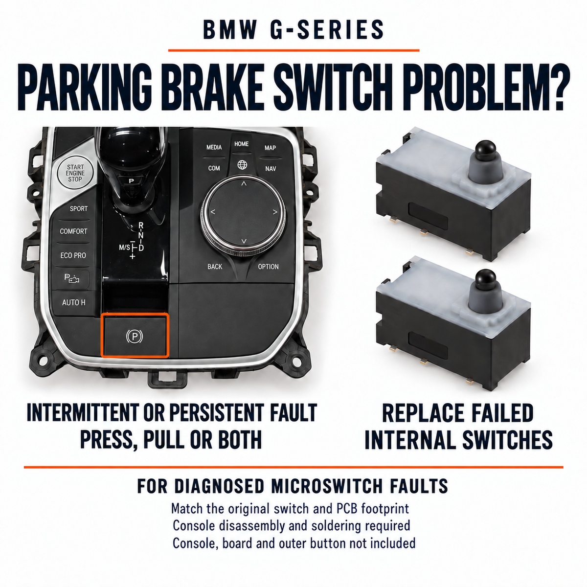 Intermittent or persistent parking-brake button failure may affect pressing, pulling or both; diagnose the internal switches before repair.