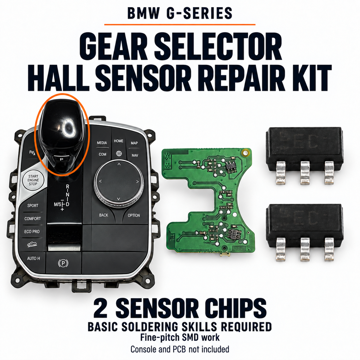 BMW G-series gear-selector Hall sensor repair kit with two chips, upright-lever console and separate sensor PCB shown for reference; soldering required.