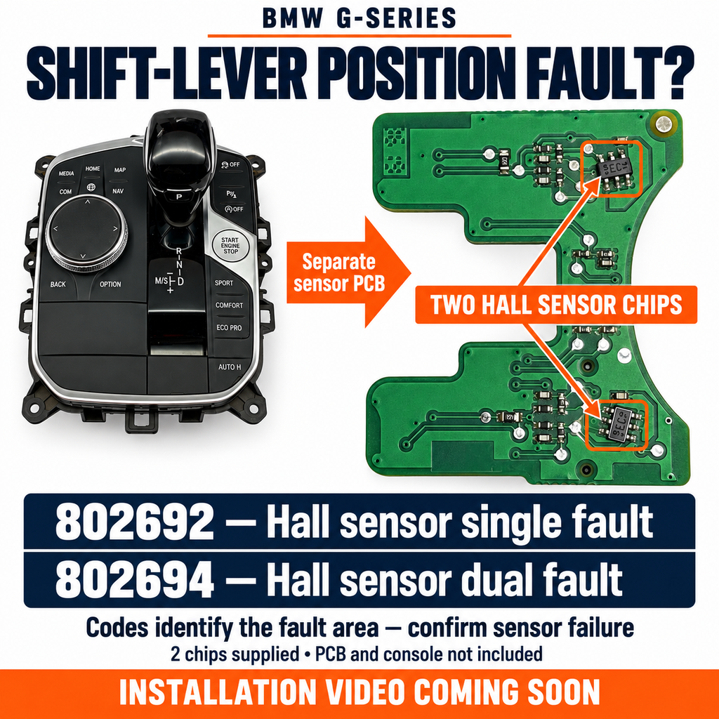 Two Hall sensor locations on the separate selector PCB, with associated GWS fault codes 802692 and 802694; installation video coming soon.