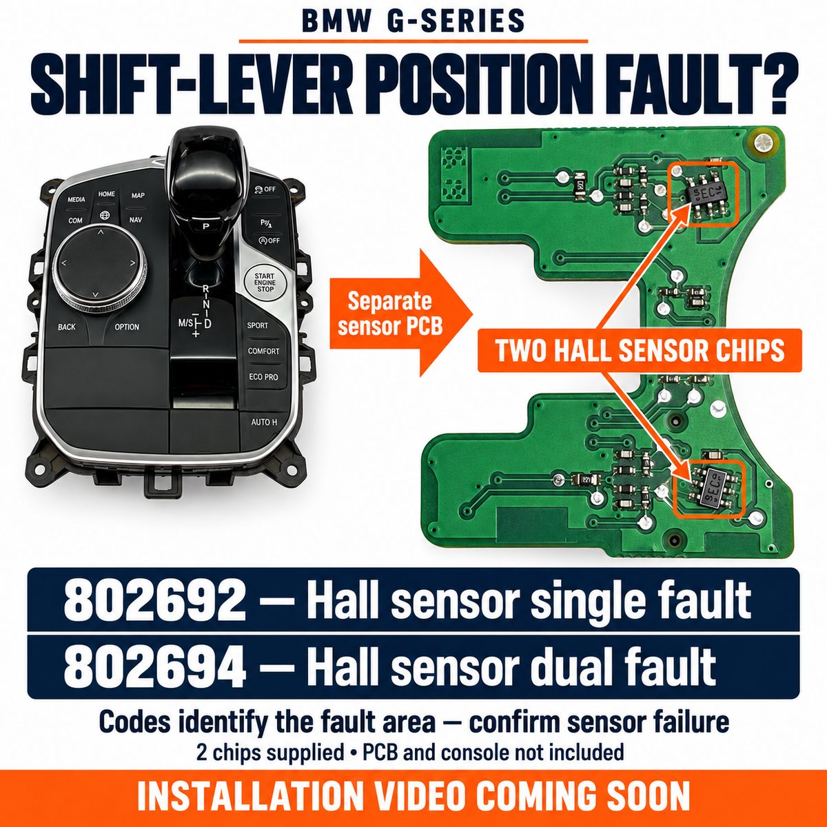 Two Hall sensor locations on the separate selector PCB, with associated GWS fault codes 802692 and 802694; installation video coming soon.