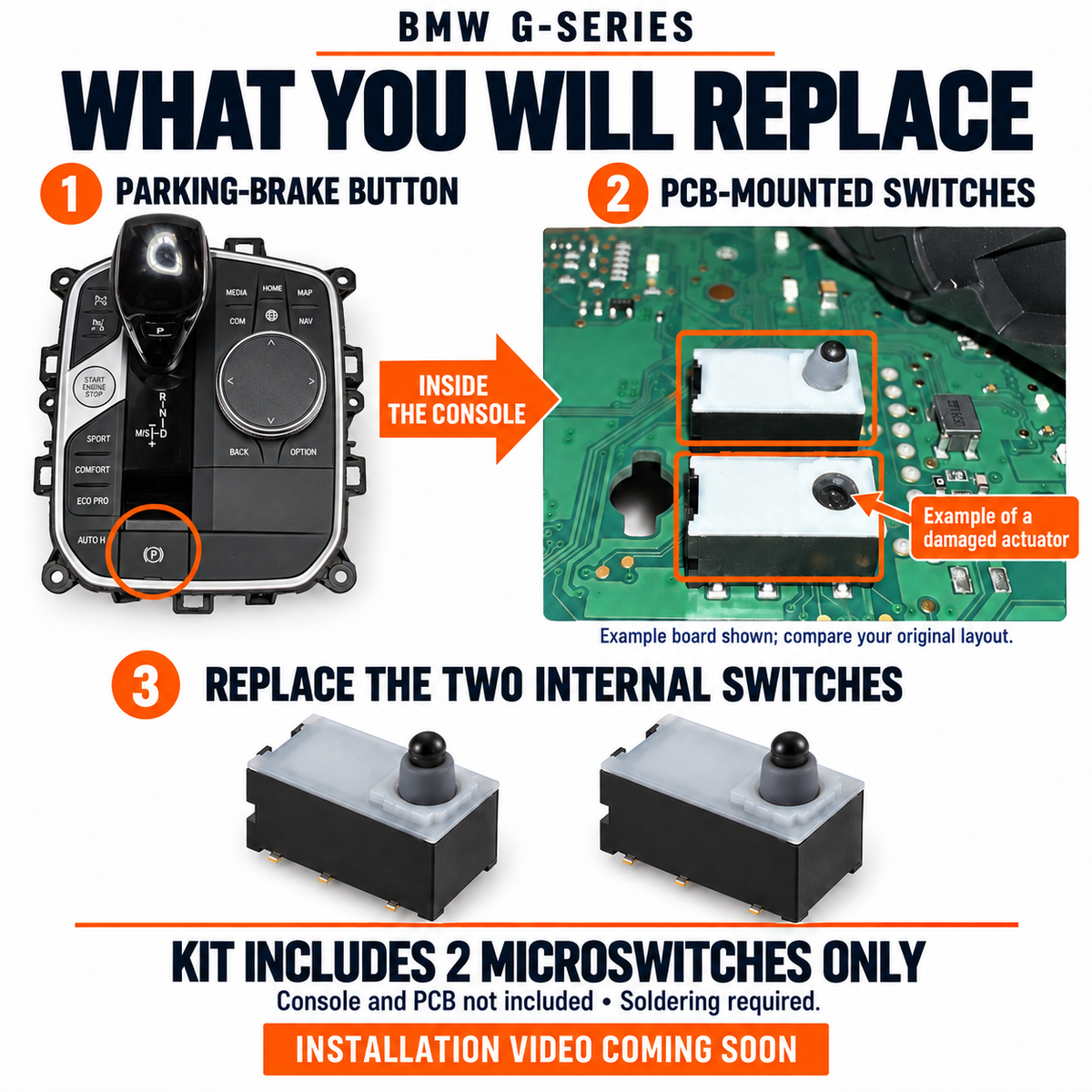 Technical guide linking the parking-brake button to the PCB beneath it and the two internal microswitches to replace. Console and PCB not included.